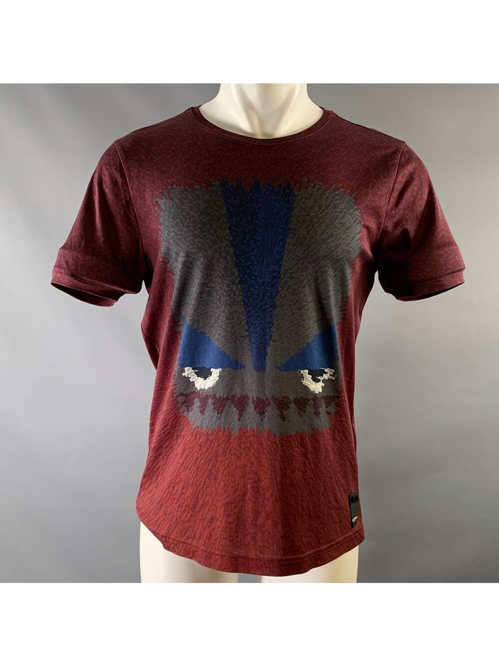 FENDI Size M Burgundy Blue Print Cotton T Shirt